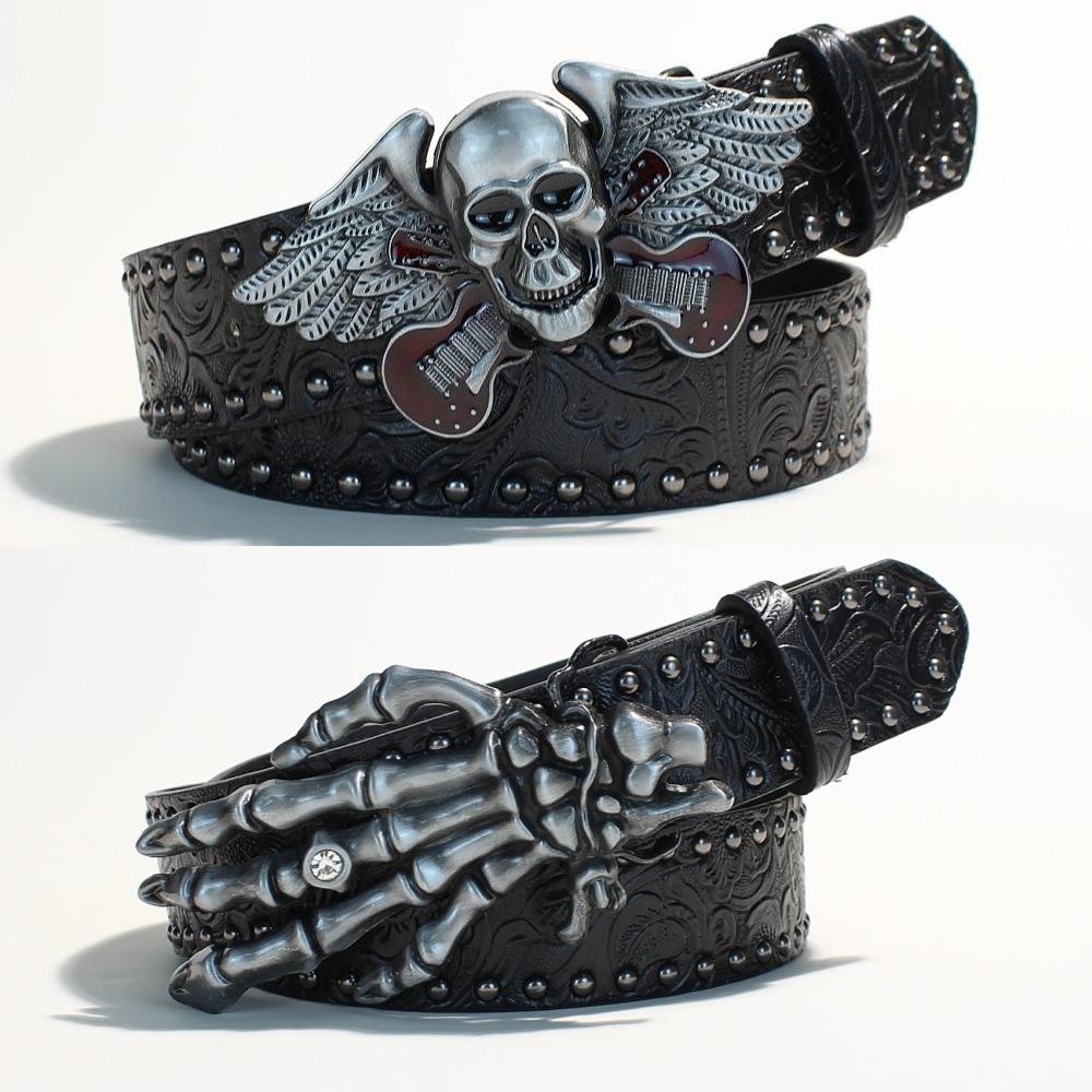 American Retro Belt with High-end Design, Metal Skeleton Hollow Rivets, Punk Style, Dark Style Waist Belt
