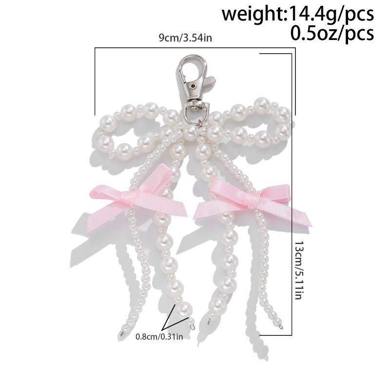 Fashion Sweet Y2K Girls Ribbon Bow Beaded Keychain Alloy Love Heart Star Rabbit Strawberry Pendant Pearls Glass Beads Chains Jewelry Accessories