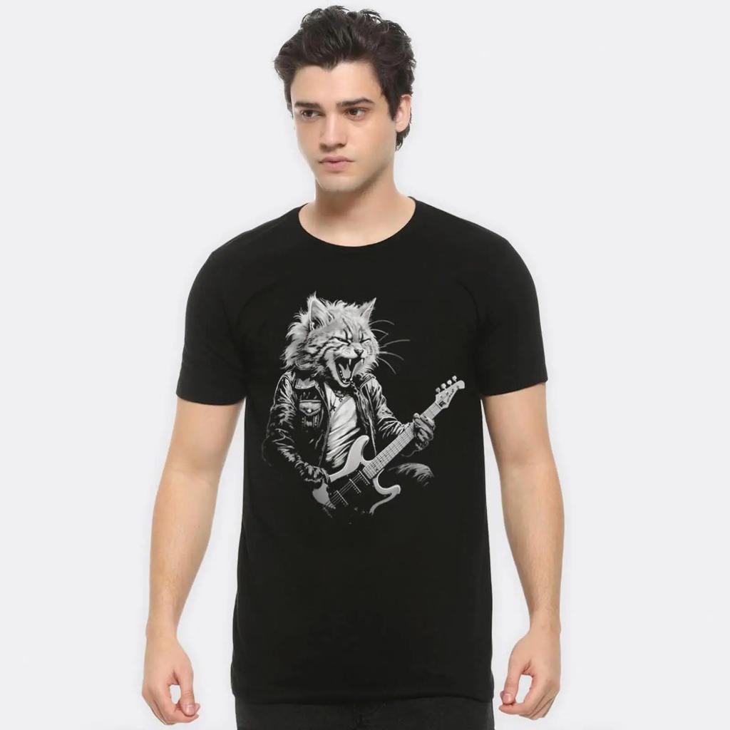 Cat With A Guitar Rock N Roll T Shirt Unisexs And Unisexs Sizes Kit 10227 Vintage Washed Fashion Slightly Stretched Streetwear