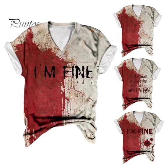 Женская футболка с V-образным вырезом и коротким рукавом, футболка с принтом крови на Хэллоуин, тонкая эластичная, для косплея, фестивалей, пуловеры, топы