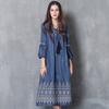 Spring New Large Size Denim Long Dress Vintage Embroidered Lantern Sleeve Dress