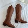 Женские коричневые длинные сапоги, осенние ковбойские сапоги в стиле ретро с вышивкой, квадратный носок, толстый каблук, сапоги длиной до колена, Botas Mujer