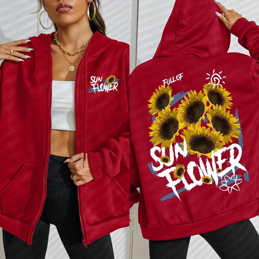 Full Of Sunflower Creative Graffiti Printing Women Zipper Streetwear Hoodie Casual Loose Hoody Autumn Comfortable Top