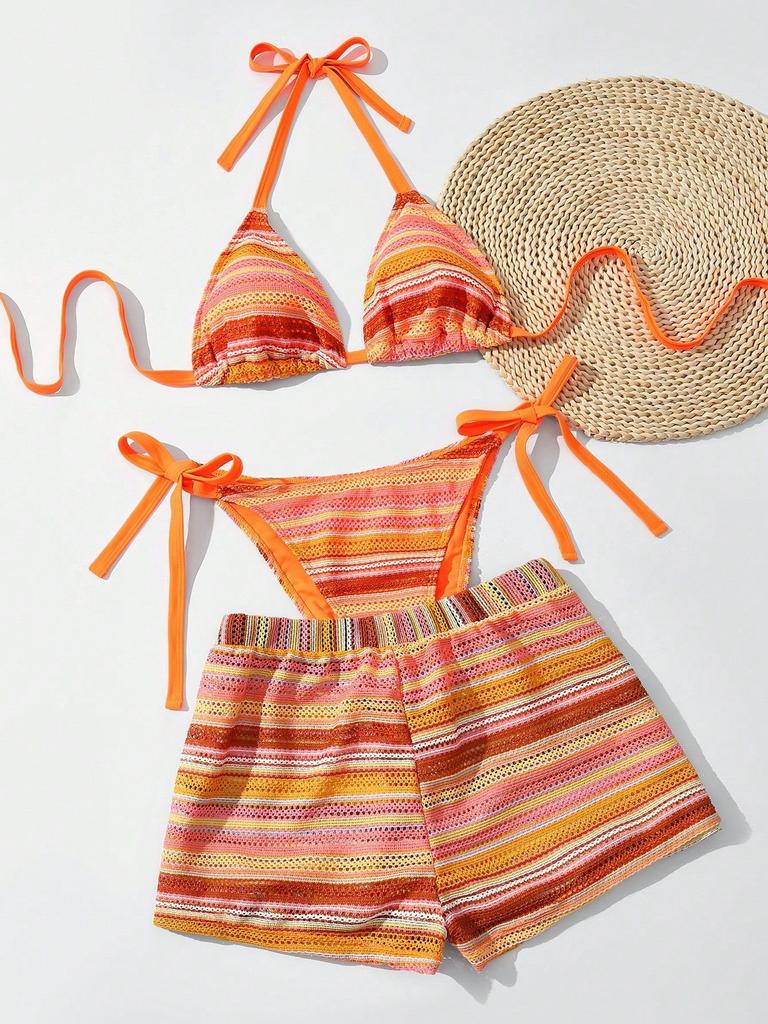 1011 new European and American sexy neck strap bikini large size swimsuit split beach shorts three-piece swimsuit