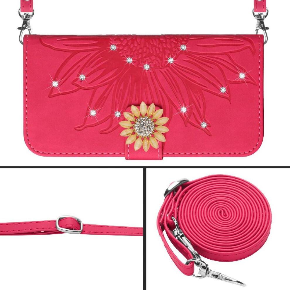 (Rose red ) Flip Case for Samsung Galaxy A17 Sunflower Leather Wallet with Card Slot Stand with A Long Lanyard Kickstand Protective