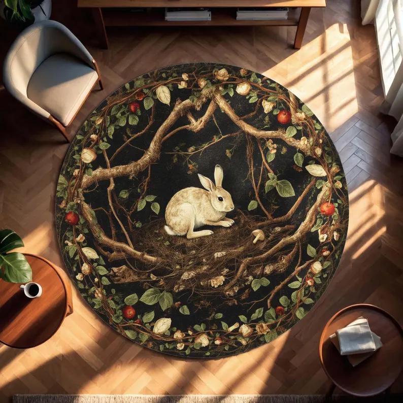 Navy Blue Round Rabbit Moonlit Rug Botanical Mushroom Rug Boho Nursery Decor Witchy Floor Mat for Bedroom Living Room Easter