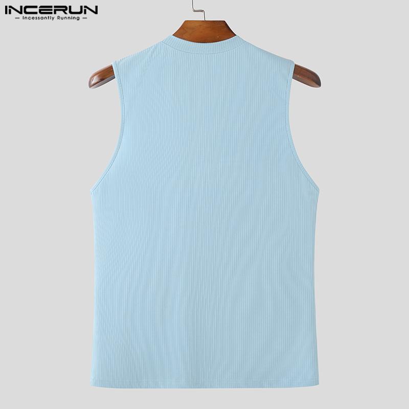 INCERUN Men Summer Sleeveless Rib Zipper Casual Skinny Tank Tops