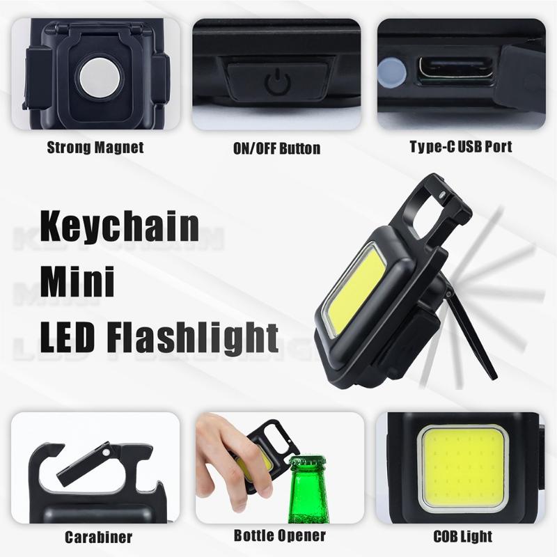 Pocket Flashlight Mini LED USB Rechargeable Keychain Light Work Light Portable Outdoor Camping Hiking COB Lantern