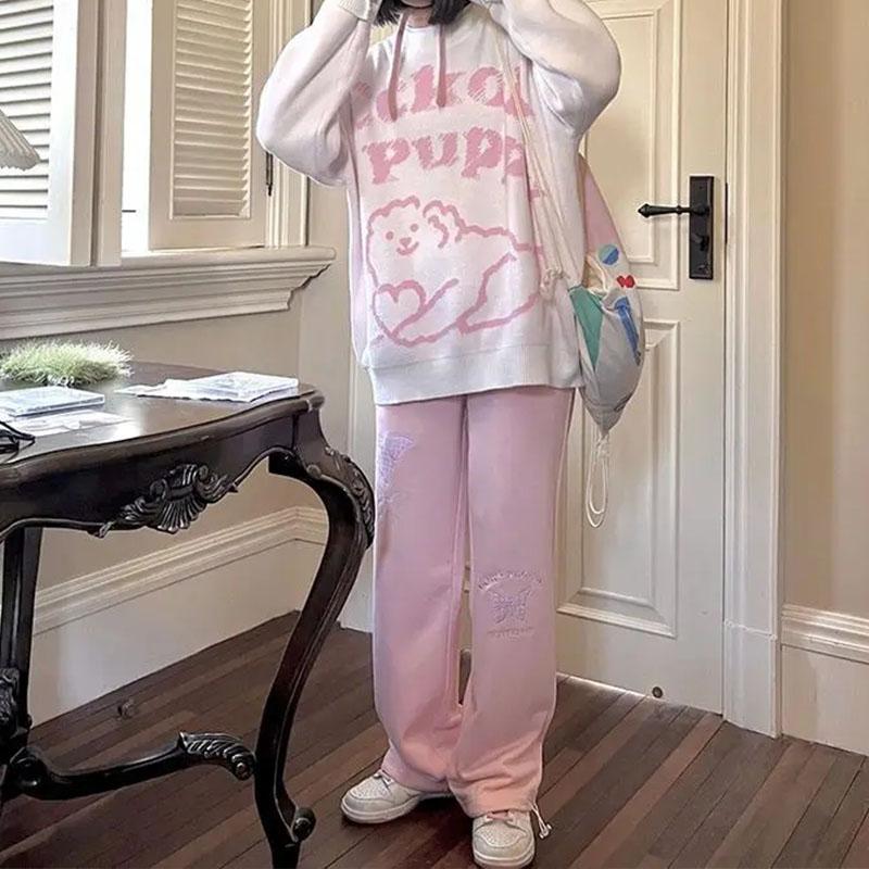 Kawaii милые розовые спортивные штаны для бега, женские спортивные штаны большого размера в корейском стиле, прямые широкие спортивные штаны в стиле Харадзюку, милые спортивные брюки