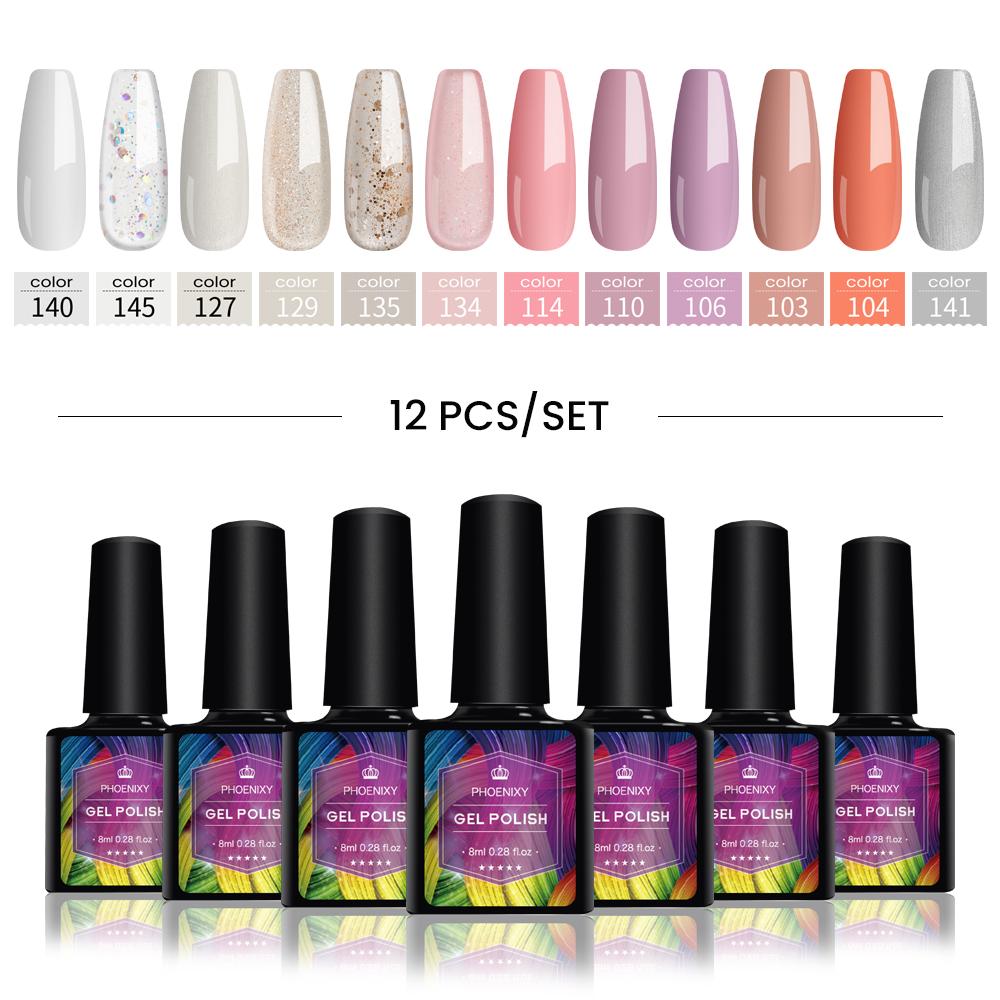 PHOENIXY Набор гель-лаков для ногтей, 12 цветов, набор геля для замачивания с чистым цветом для дизайна ногтей, стартовый набор для начинающих, сделай сам, дома