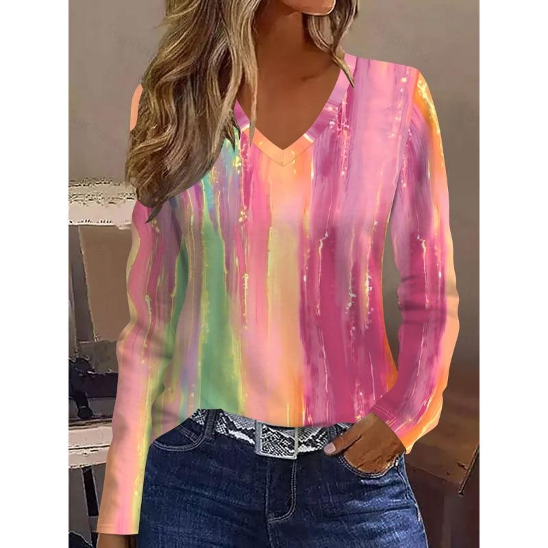 Gradient tie-dye vertical stripes color block stitching graphics printed all over breathable V-neck long-sleeved T-shirt
