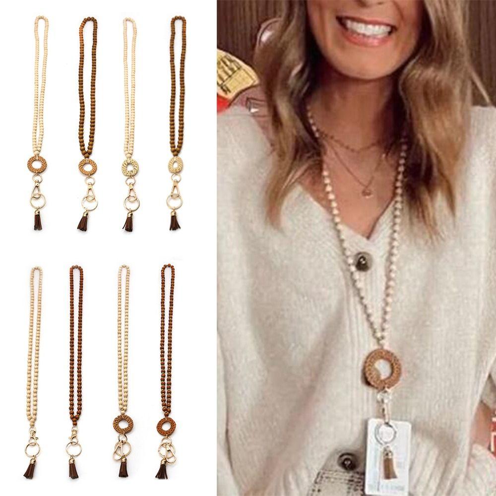 Шарм Подарок Бейдж Ожерелье Длинные Брелоки Аксессуар Бисероплетение Шнурок Ротанговые Деревянные Бусины Шнурок