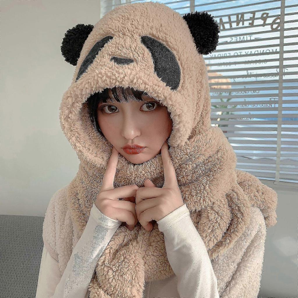 Cute Cartoon Panda Hat Winter Warm Hat Windproof Scarf and Gloves Set Cute Winter Thick Hooded Scarf with Mimics