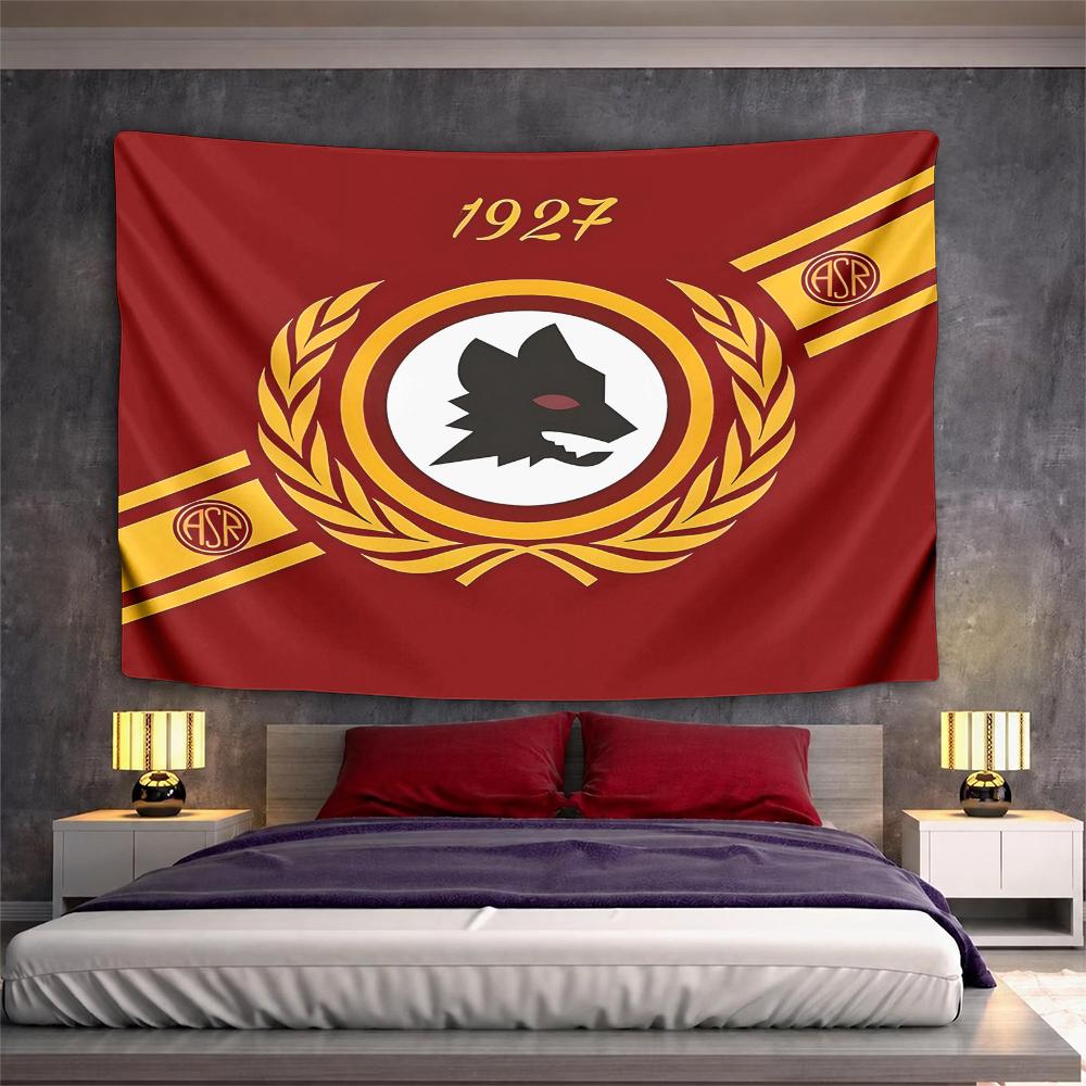 AS Roma 1927 Football Club Wolf Head Crest Wall Tapestry Red Gold Laurel ASR Emblem Fan Decor for Bedroom Man Cave Gift