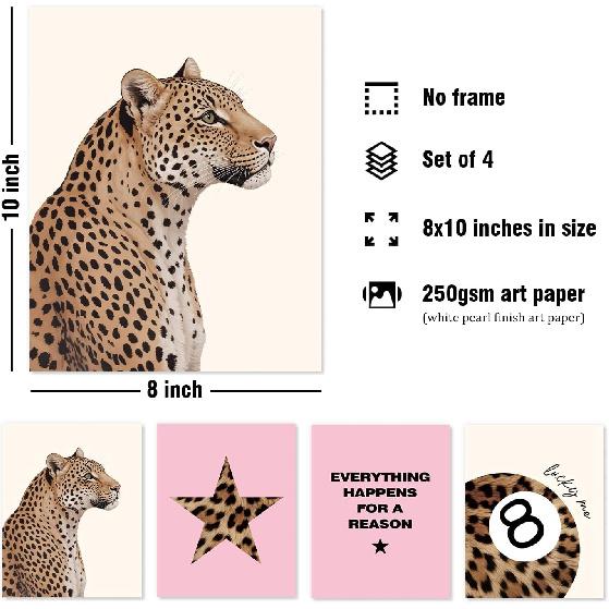 DSHFG Преппи Розовые Картинки с Принтом Гепарда Декор Стен, Модные Постеры с Гепардом Леопардом 8 Шаров Декор Комнаты Y2k, Фанковое Настенное Искусство для Подростка Девочки в Спальню