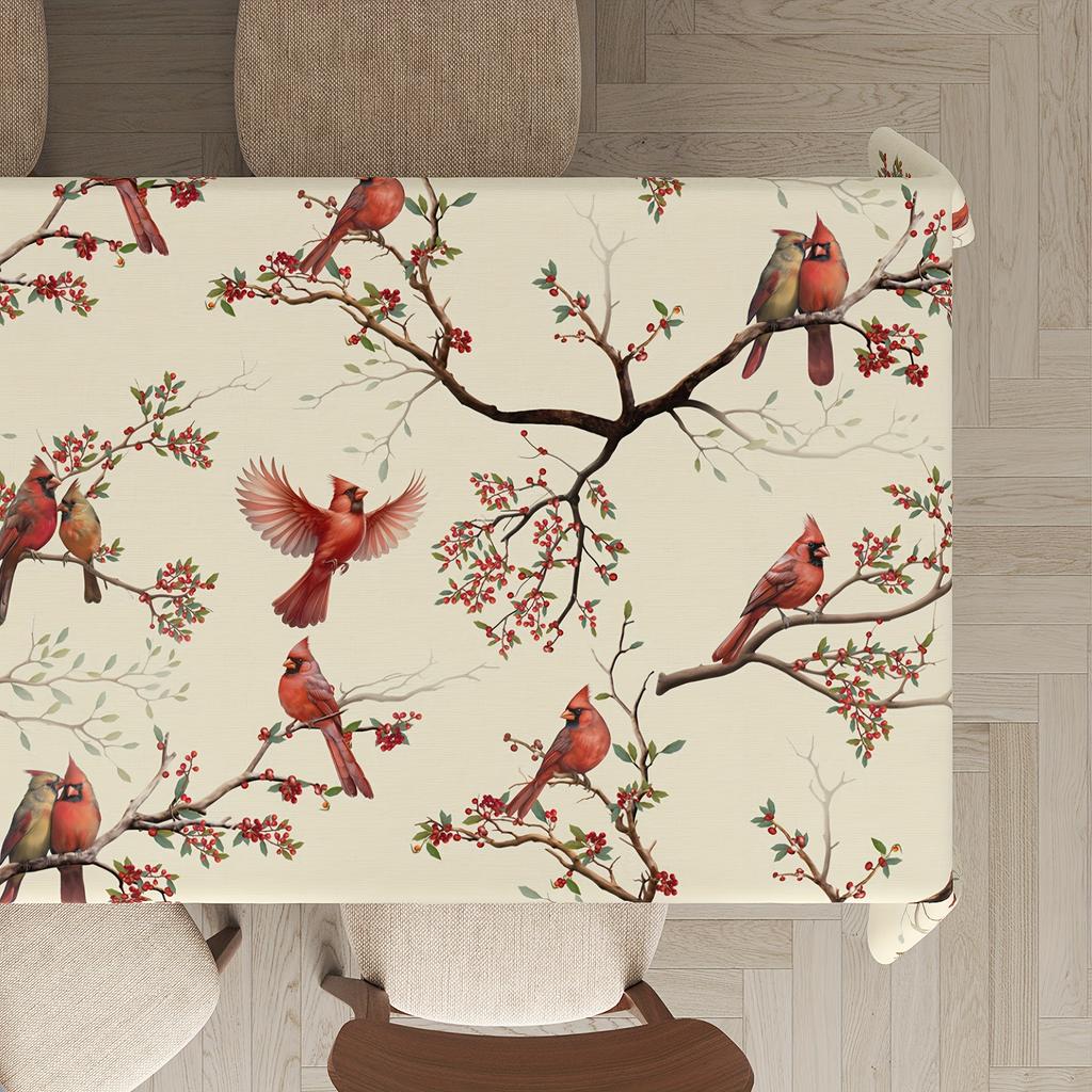 1pc Holiday Tablecloth with Red Titmouse Berry and Small Bird Pattern, Durable Polyester Material, Available in Rectangle and Square, Suitable for Hol