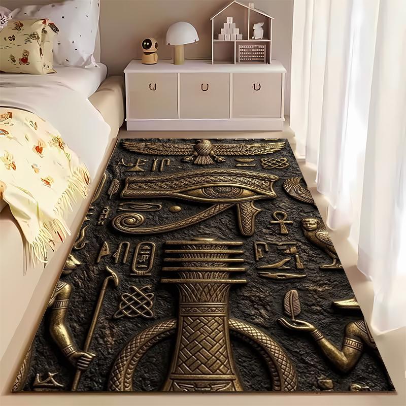 Area Rug, Eye of Horus Gold Relief Ancient Egyptian Wall Carving Print, Living Room Decor, Non-Slip Mat