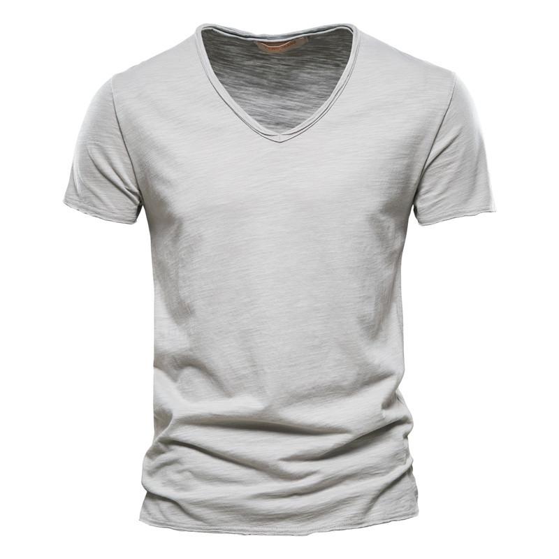 Summer Men Top Tee Solid Color Bamboo Cotton V-neck Short Sleeve T-shirt Pure Cotton Men's Clothing