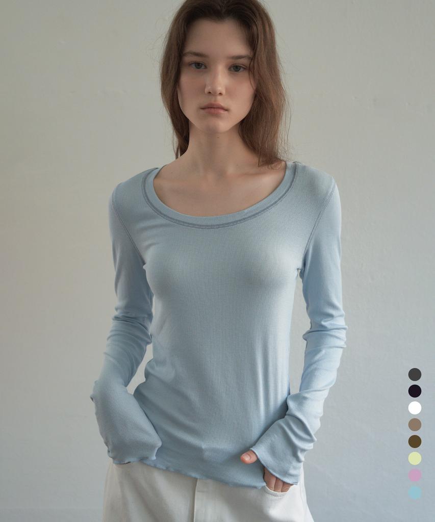 CITTA Contrast Stitch Soft U-Neck Long Sleeve T-Shirt_Ctt393(8Color) (A Type)