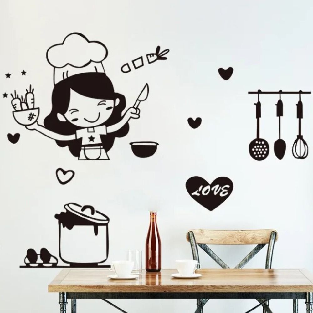 Cartoon Happy Girl Chef Sticker Black Kitchen Decal Easy Clean Loves Cooking Wall Sticker Kitchen