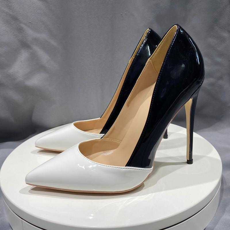 Туфли-лодочки на высоком каблуке, белые и черные, в стиле пэчворк, из кожи, женские, с заостренным носком, 12 см, сексуальные свадебные туфли-лодочки, размер 42, 44, 45