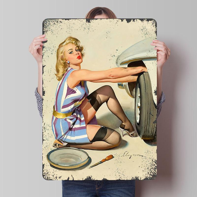 Pin Up Girl Bar Art Pub Tinplate Poster Customized Wall Art Vintage Retro Metal Signs for Decoration Garage Decorations Man Cave