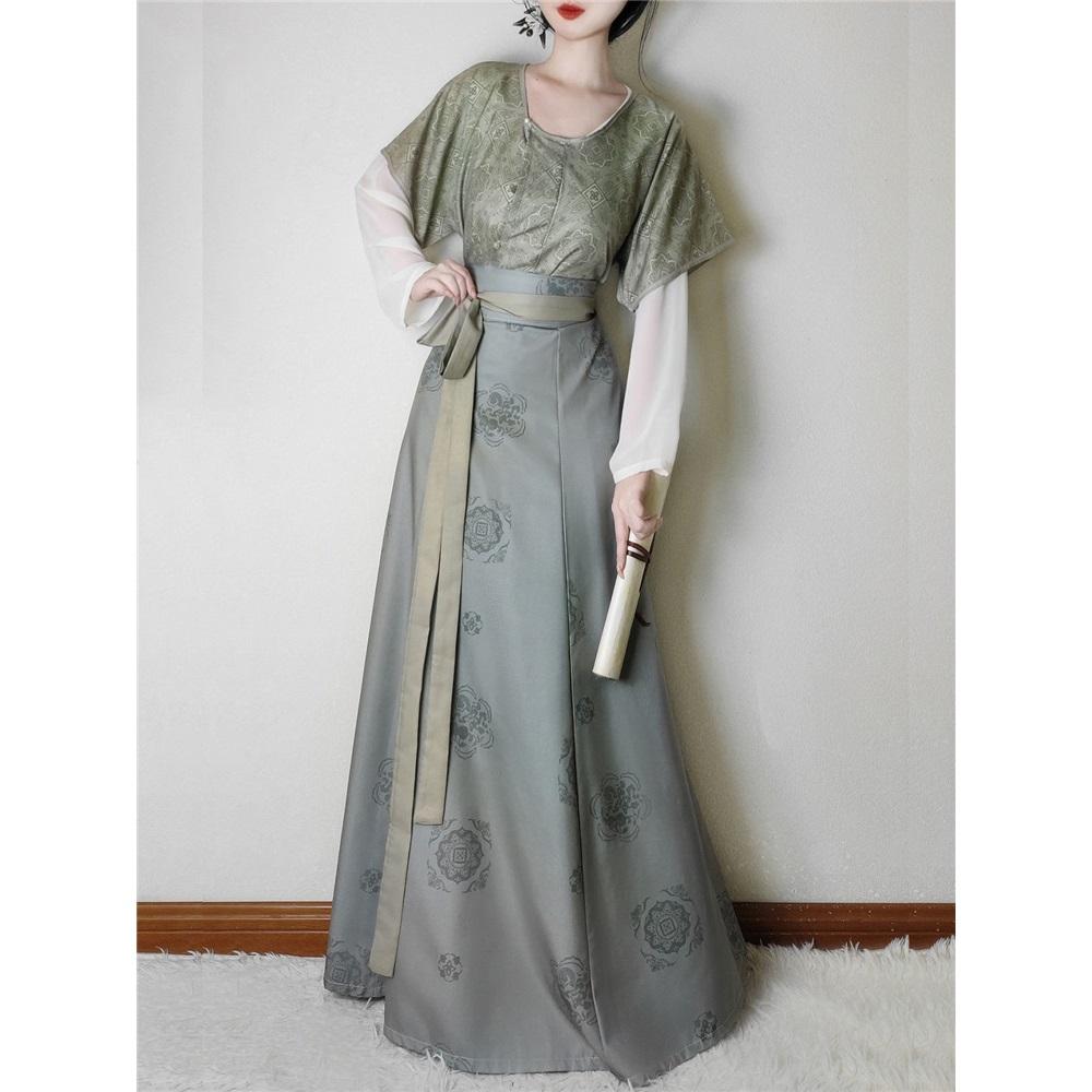 Chinese Tang Dynasty Style Hanfu Dunhuang Printed Round Neck Shirt Waist High One-piece Skirt Set For Women