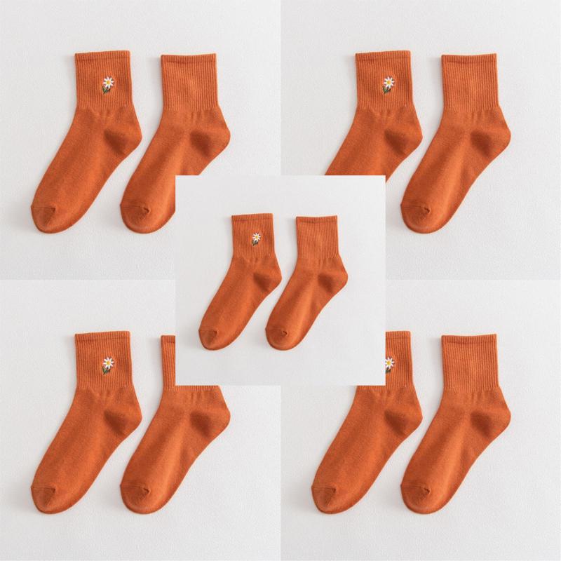 5 пар осенне-зимних женских вышитых носков средней длины из хлопка, однотонные модные удобные женские носки