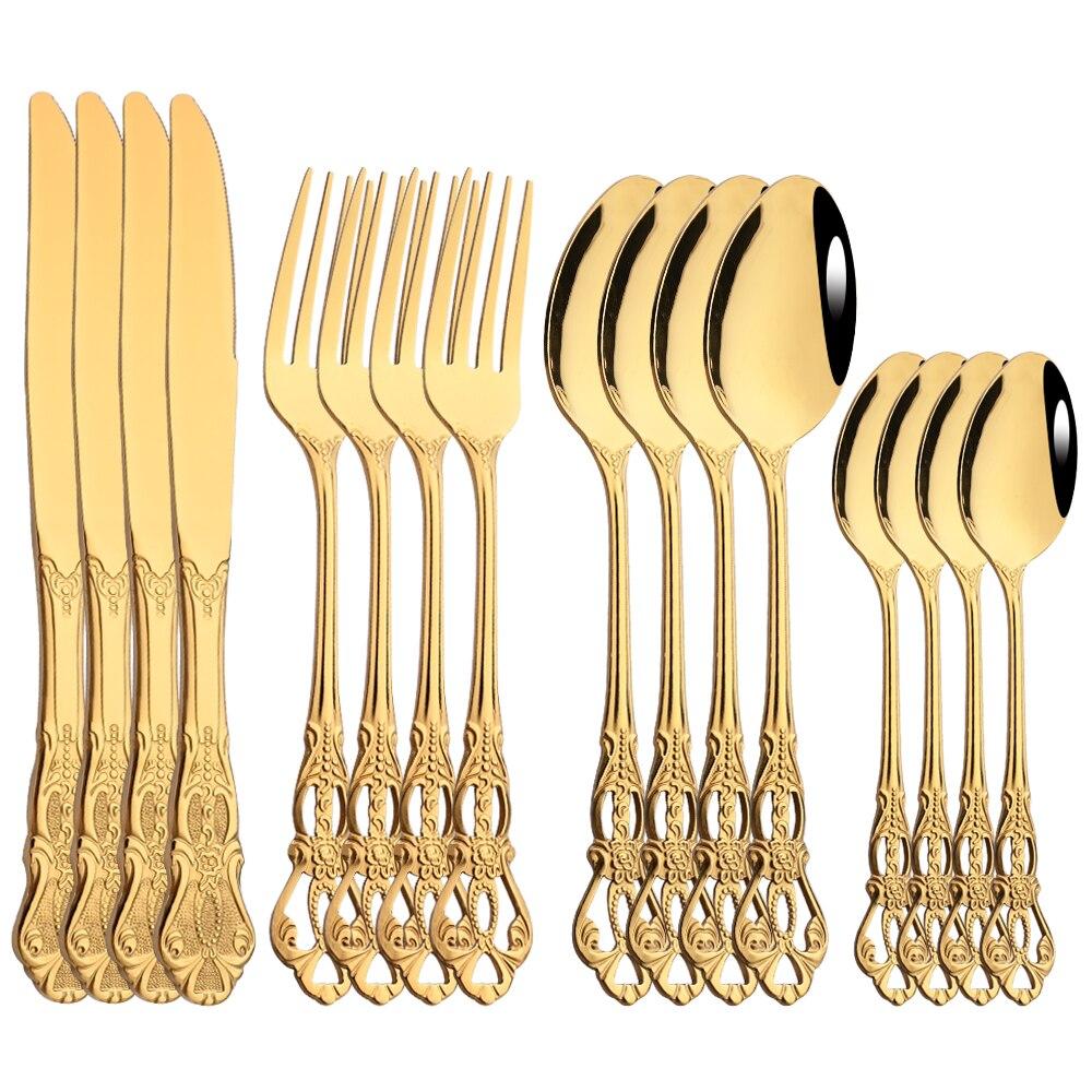 16Pcs/4Set Royal Gold Flatware Mirror Polish Stainless Steel Dinnerware Knife Fork Spoon For Wedding Housewarming Event Party