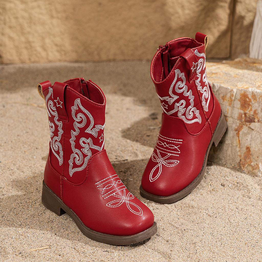 Осень и зима ковбойские сапоги вышивка толстый каблук круглый носок толстая подошва полусапоги монгольские женские сапоги