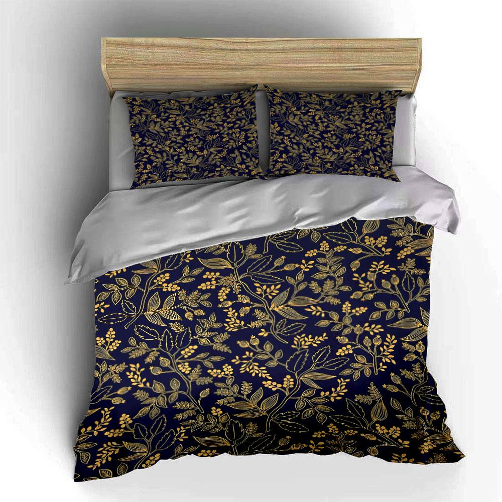 Golden Leaf Pattern Decorations Soft Skin-Friendly Bedding Set Includes 1 Duvet Cover And 2 Pillowcase Gift
