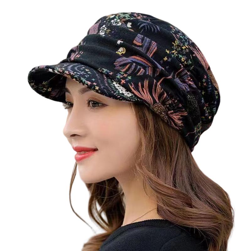 Women Keep Warm Turban Visor Hat Floral Print Windproof Cap Wide-Brimmed Cap Winter Warm Fashion