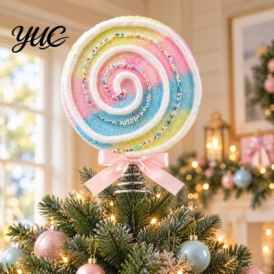 Event Stage Decoration Macaron Spiral Lollipop Christmas Tree Topper, Foam Candy Ornament with Sweet Shop Props Bow, Party Prop for Window Display