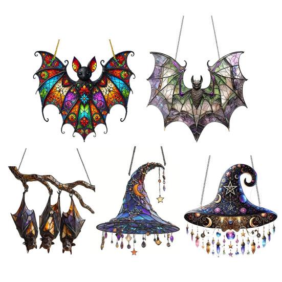 Halloween Colorful Bat Hanging Decoration Stained Glass 2D Flat Acrylic Witch Hat Suncatcher Indoor Outdoor Wall Window Hanging Sign Ornament