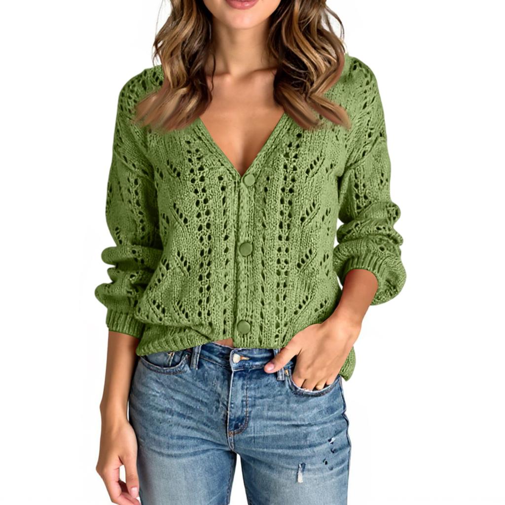 Women's Solid Color Long Sleeve Cutout V-Neck Knitted Cardigan Sweater
