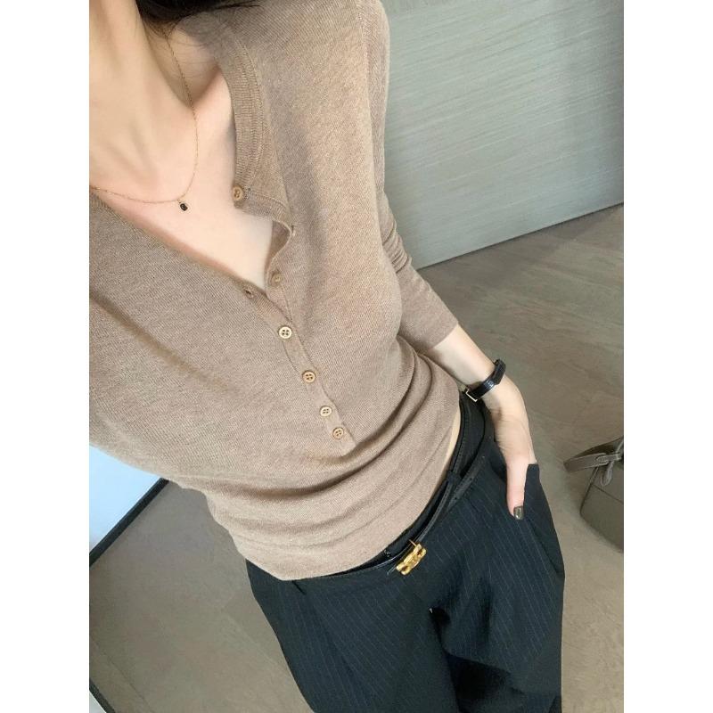 Button half open neck ice silk knitted long-sleeved shirt women's summer thin soft waxy slim slim bottom top