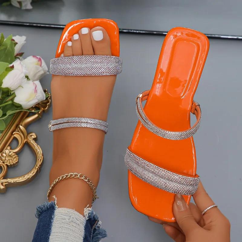 Мода 2024 года, горячая распродажа женской обуви с квадратным носком, женские тапочки, летние блестки, однотонные, повседневные, пляжные, на плоской подошве, большого размера