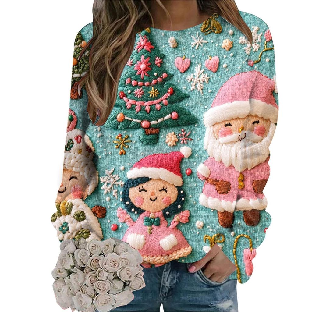 Ladies' Christmas Printed Long Sleeved Round Neck Hoodie Loose Top