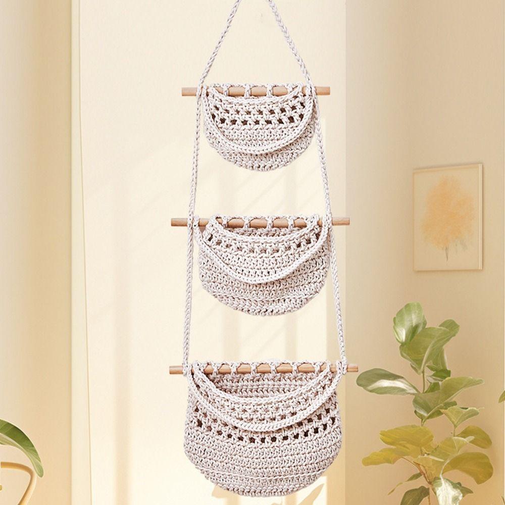 Handmade Hanging Fruit Baskets Cotton Rope Fruit Net Pocket Sundry Storage Hanging Bag Living Room