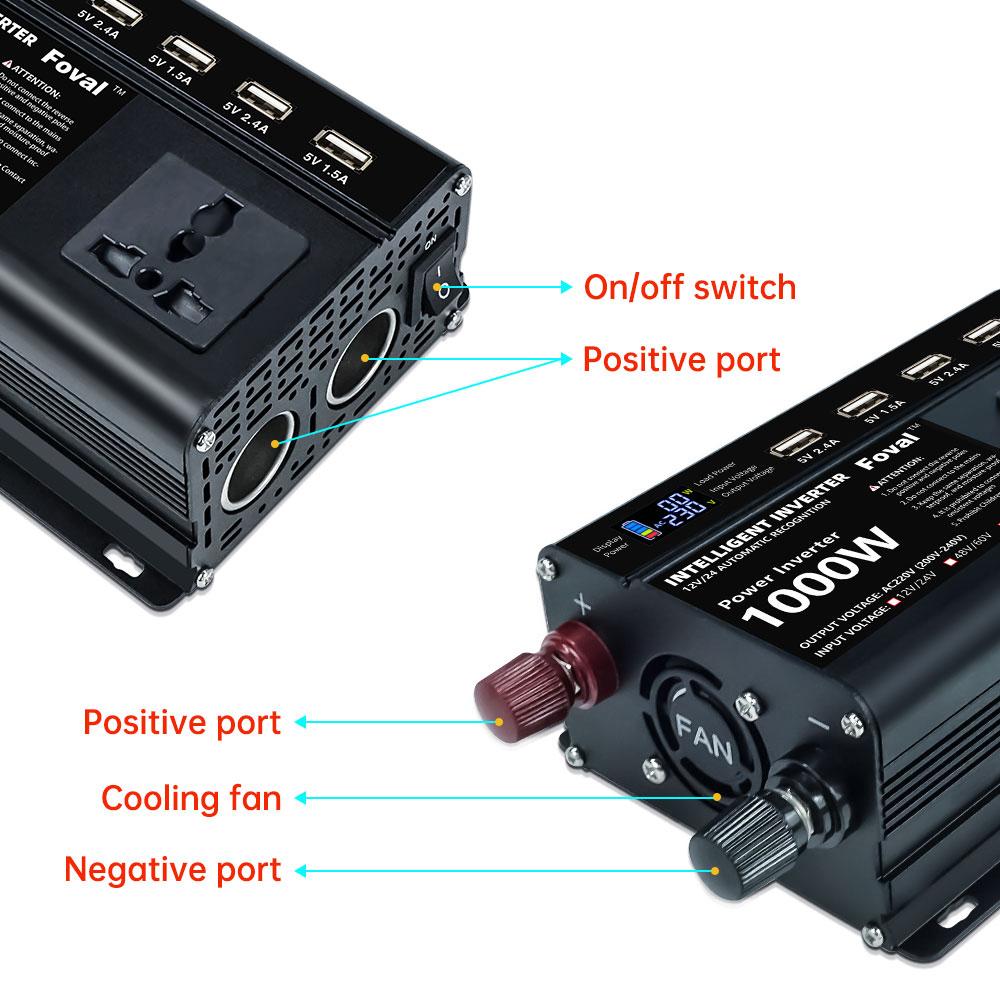 Двойное напряжение с автоматическим переключением постоянного тока 12 В и 24 В;48В и 60В;60 В и 70 В переменного тока, 220 В, 300 Вт, непрерывный/1000 Вт, пиковая модифицированная синусоидальная волна, 4 источника питания USB, инвертор мощности 220 В