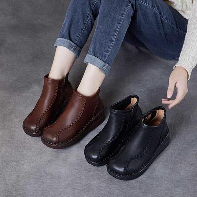 Ретро ботильоны на танкетке с мягкой подошвой из натуральной кожи, женская обувь с круглым носком, плюшевые хлопковые ботинки