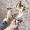 French Thick Heel High Heel Niche High-end Bag Head Sandals Fairy Wind 2025 Summer Rhinestone Pointed Hollow Shoes