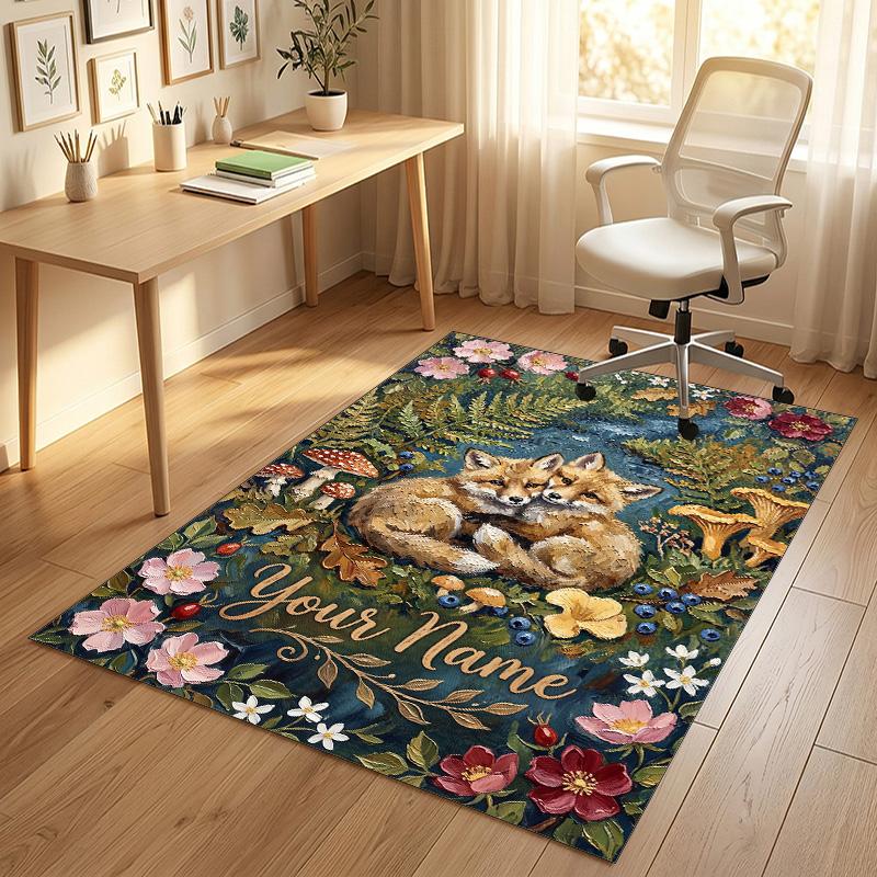 Autumnal Foxes Theme Soft Crystal Velvet Rug Custom Name & Text Print Non Slip Floor Rug for Bedroom Living Room