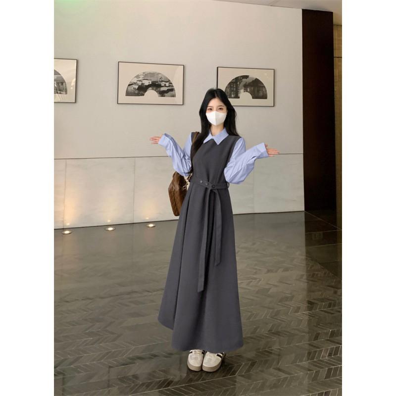 Plus Size Womens Long Dress Fake Two-Piece Collared Patchwork Slim Fit Winter Elegant A-Line