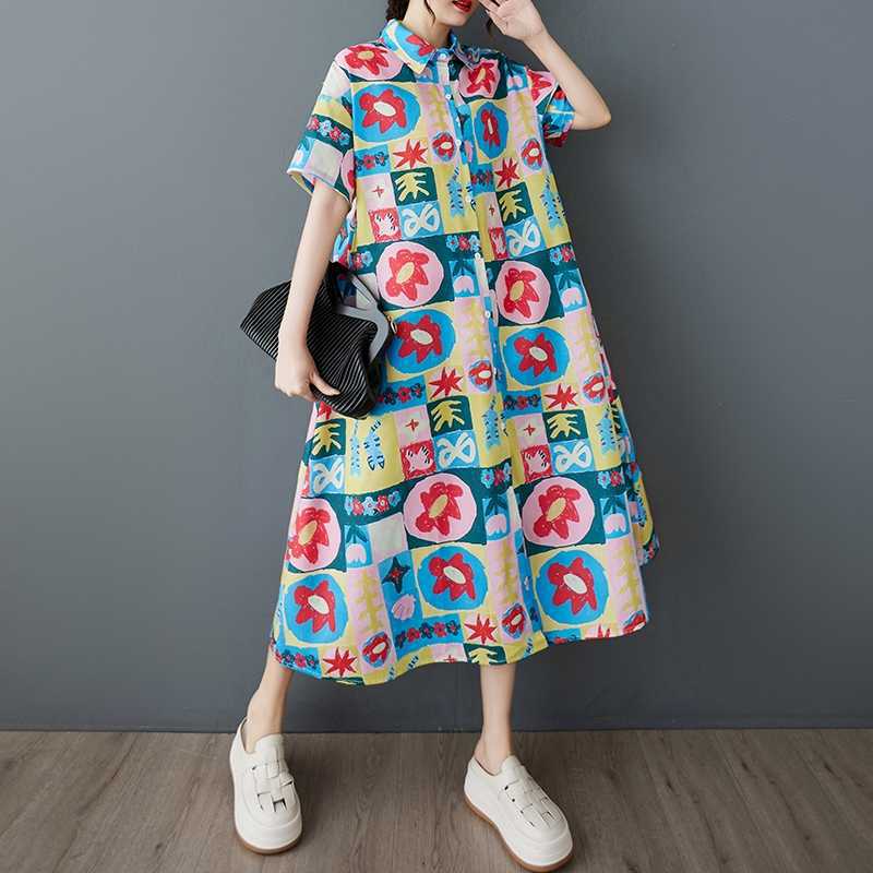 Women's Short Sleeved Loose Fashion Printed Mid Length Shirt Dress