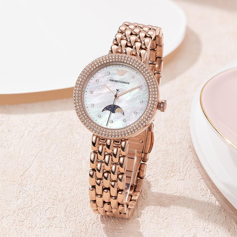 Emporio Armani Quartz Watch Stainless Steel Strap 32Mm White Dial Fashion Rose Gold Small Round Ladies Luxury Moon Phase Mother Of Pearl Dial AR11462