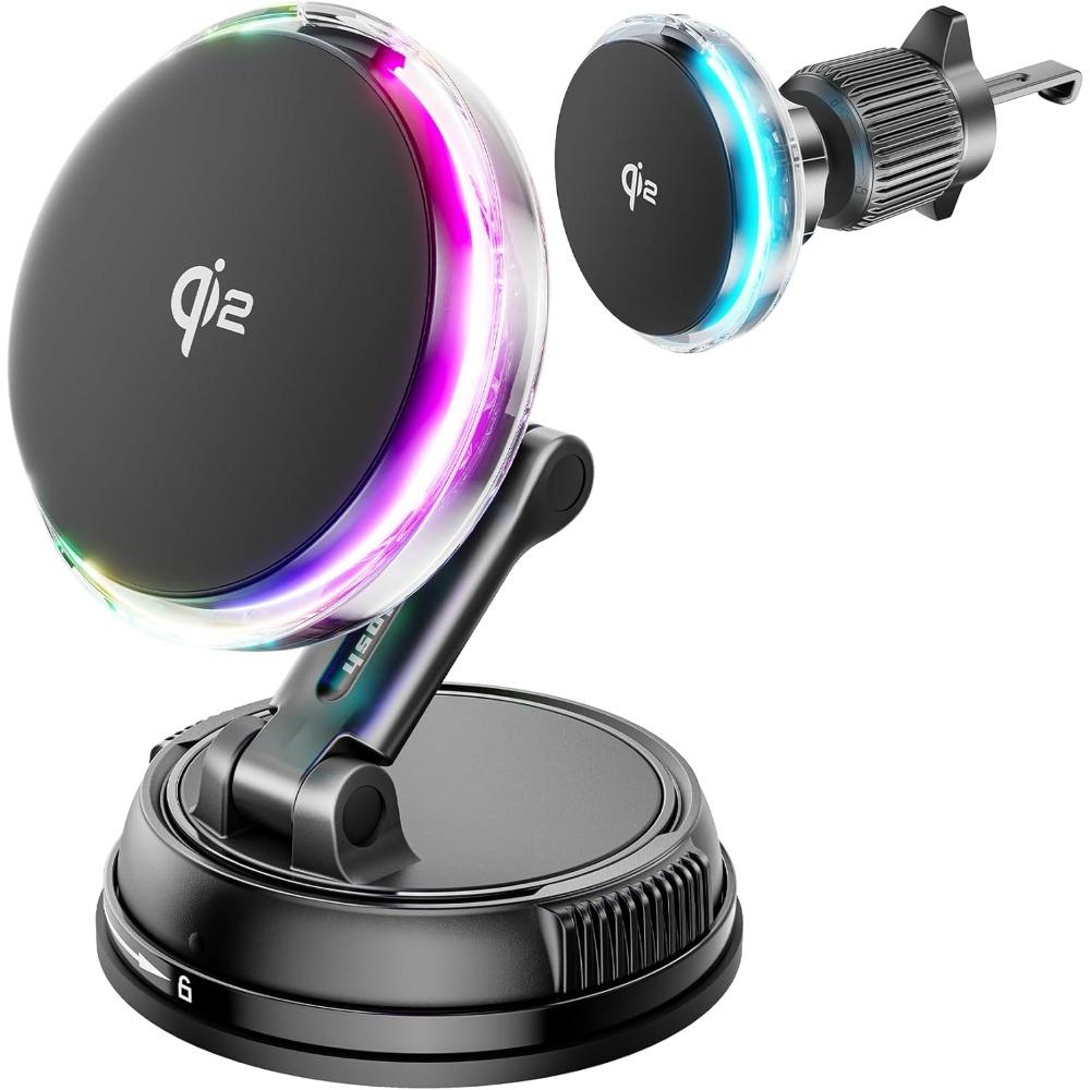 QI2 Охлаждающий RGB Магнитное Беспроводное Автомобильное Зарядное Устройство Быстрая Зарядка Радиатор Вакуумная Присоска Для Magsafe iPhone 12-17 Держатель Телефона