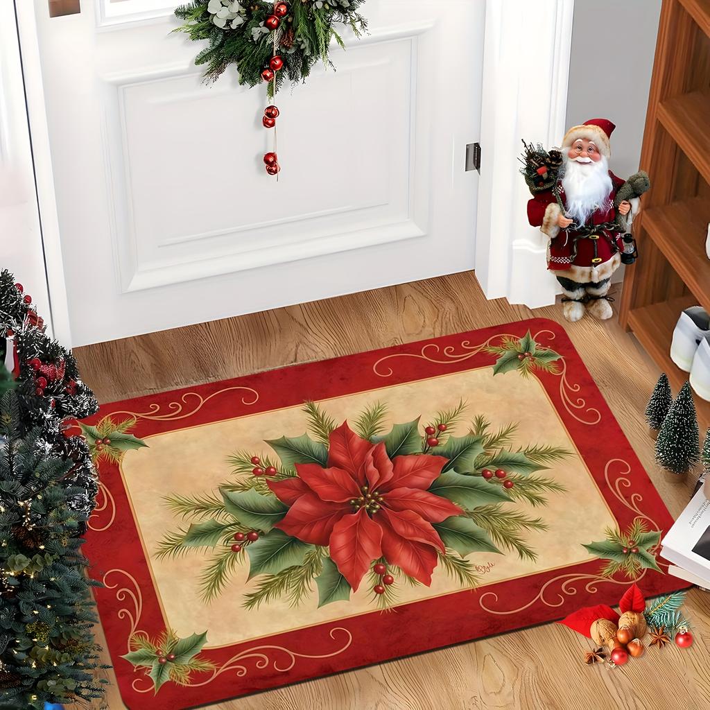 1pc Christmas‑Poinsettia‑Holly‑Berry Print Welcome Doormat, Washable Indoor Floor Mat for Entryway, Living Room, Bedroom