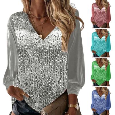 Женский топ с v-образным вырезом, дышащая стильная женская весенняя футболка с блестками, повседневная одежда