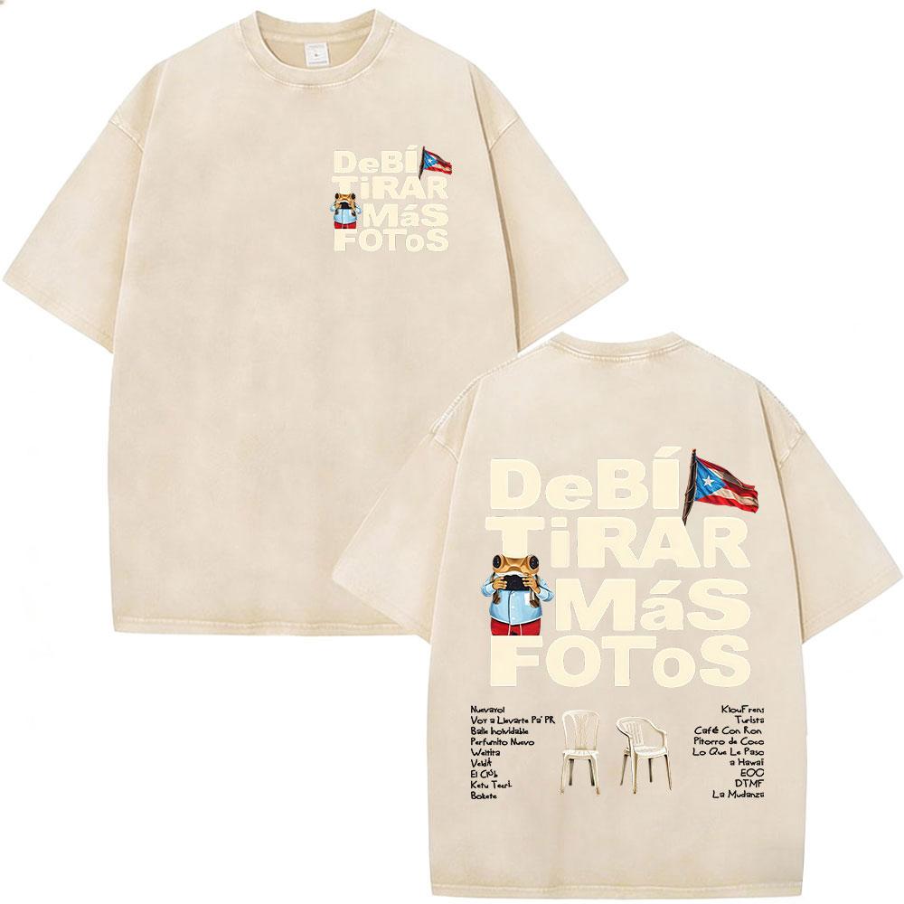 Rapper Bad Bunny Vintage Washed T Shirts Debi Tirar Mas Fotos DTMF Album Tshirts Mens Clothing Fashion Hip Hop Cotton Tshirt